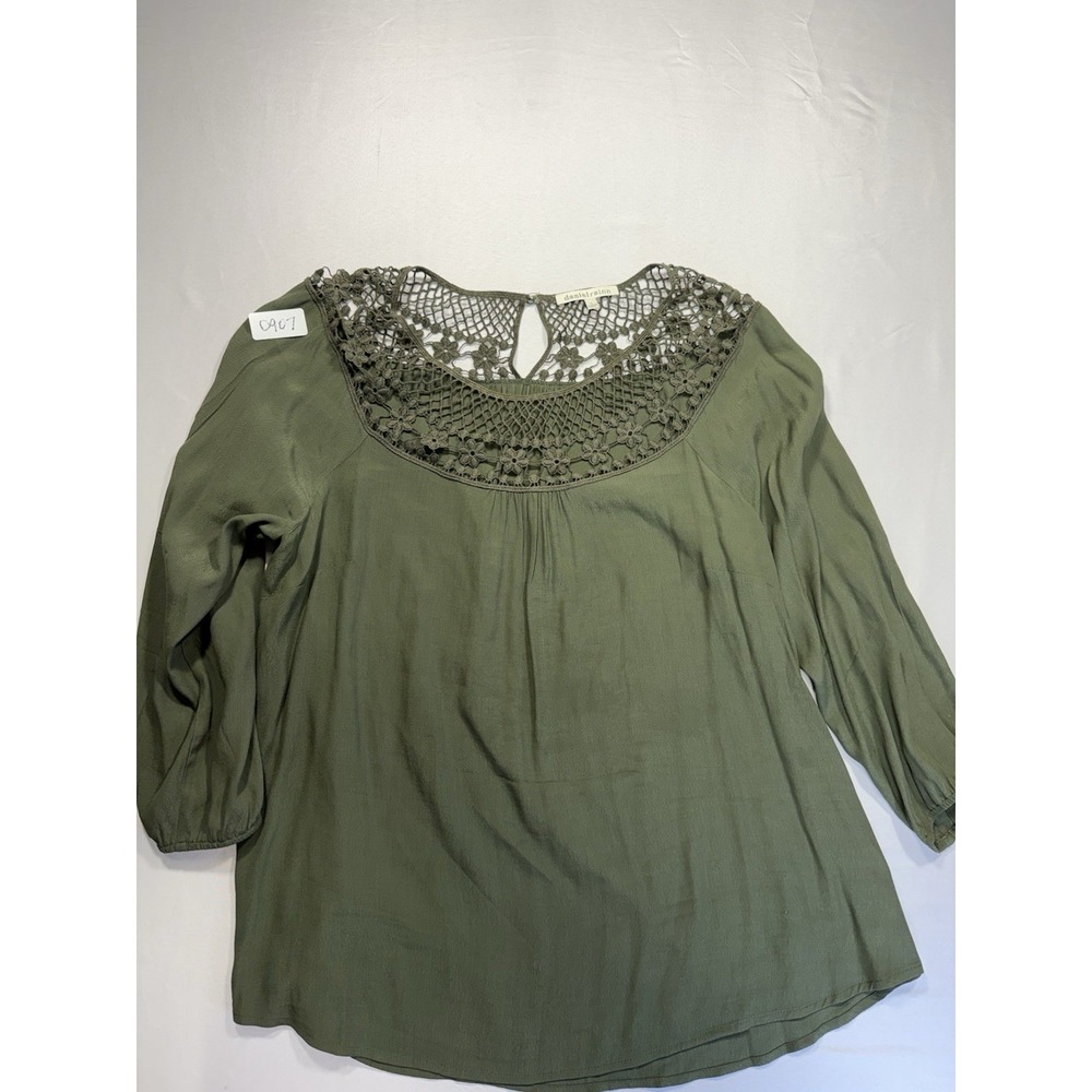 Daniel Rainn Women's Scoop Neck 3/4 Sleeve Lace Yoke Olive Green Blouse XL
